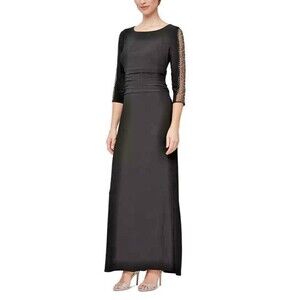 SL Fashions Women's Petite Ruched Beaded 3/4-Sleeve Gown Maxi Dress Black 4P